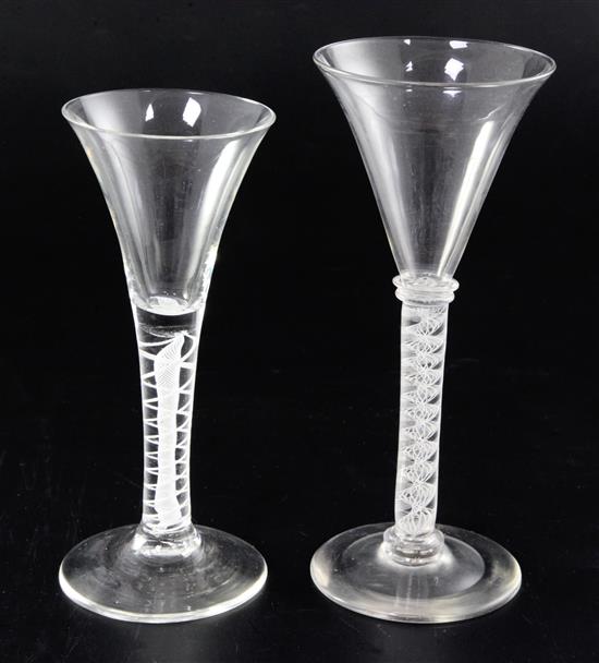 Two opaque twist stem ale glasses, 19.3cm